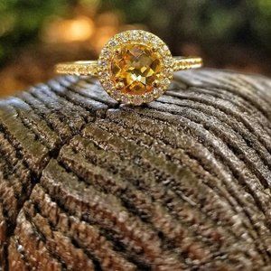 Sterling silver gold plated citrine and cubic zirconia ring.